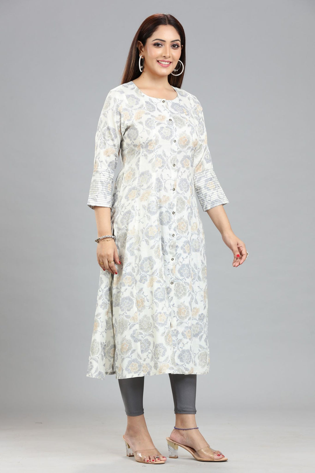 Off White & Blue Rayon A Line Yarndyed Kurta