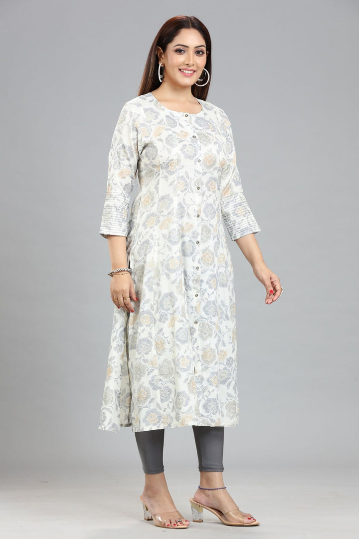 Off White & Blue Rayon A Line Yarndyed Kurta