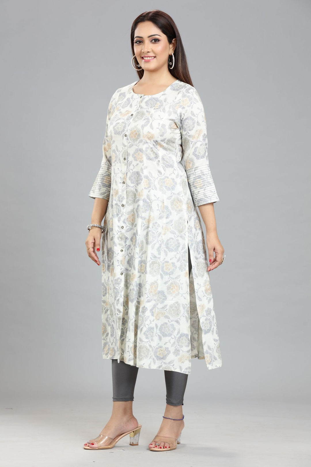 Off White & Blue Rayon A Line Yarndyed Kurta