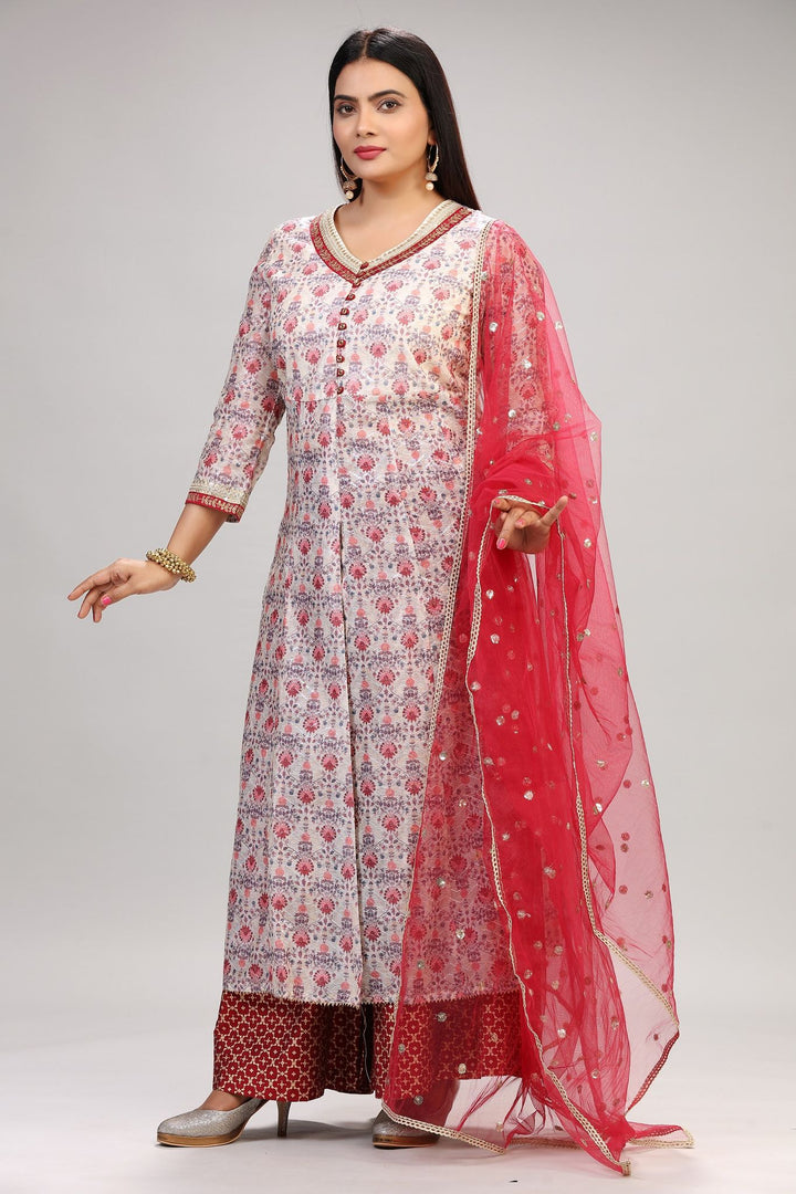 Mani Cream & Maroon Chanderi Silk Suit Set