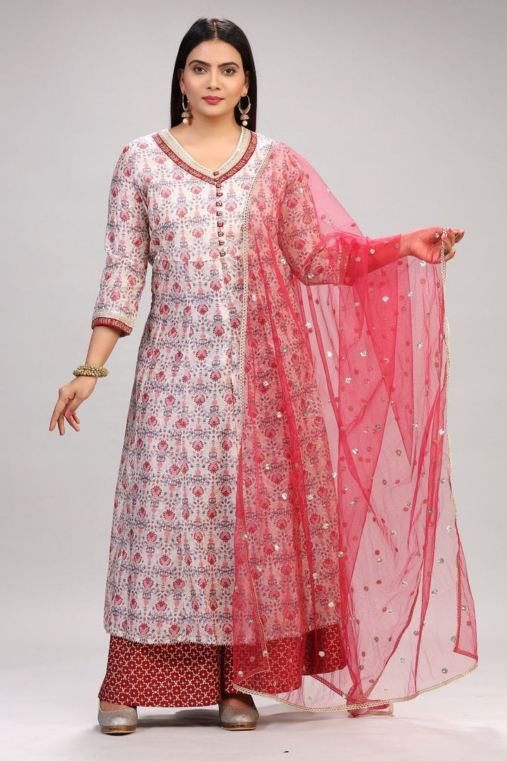 Mani Cream & Maroon Chanderi Silk Suit Set