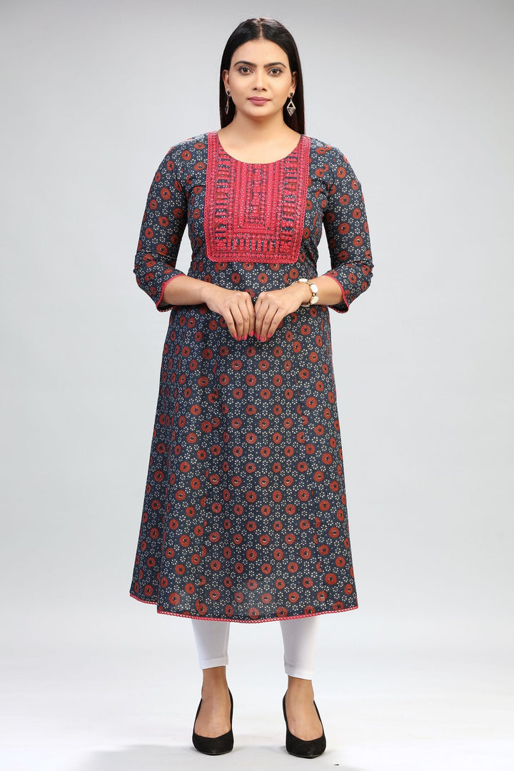 Navy Blue Cotton A Line Embroidery Kurta