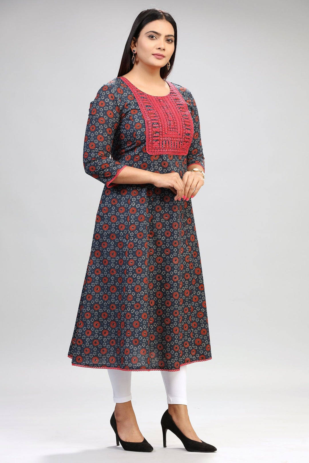 Navy Blue Cotton A Line Embroidery Kurta