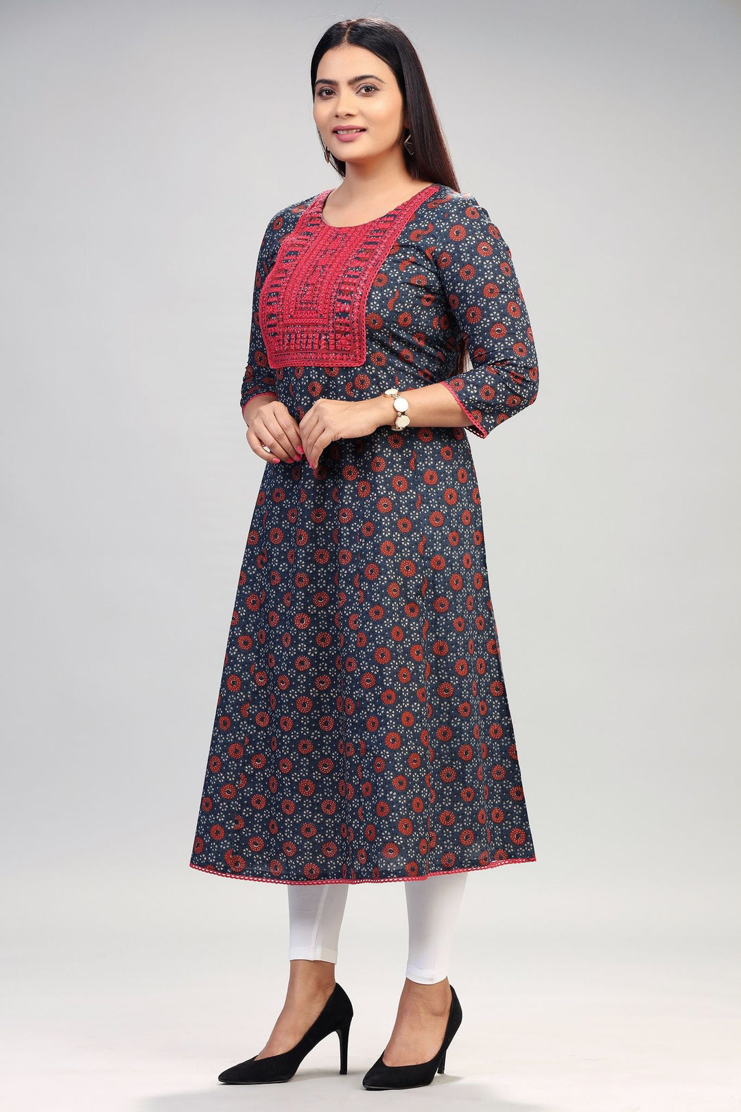 Navy Blue Cotton A Line Embroidery Kurta