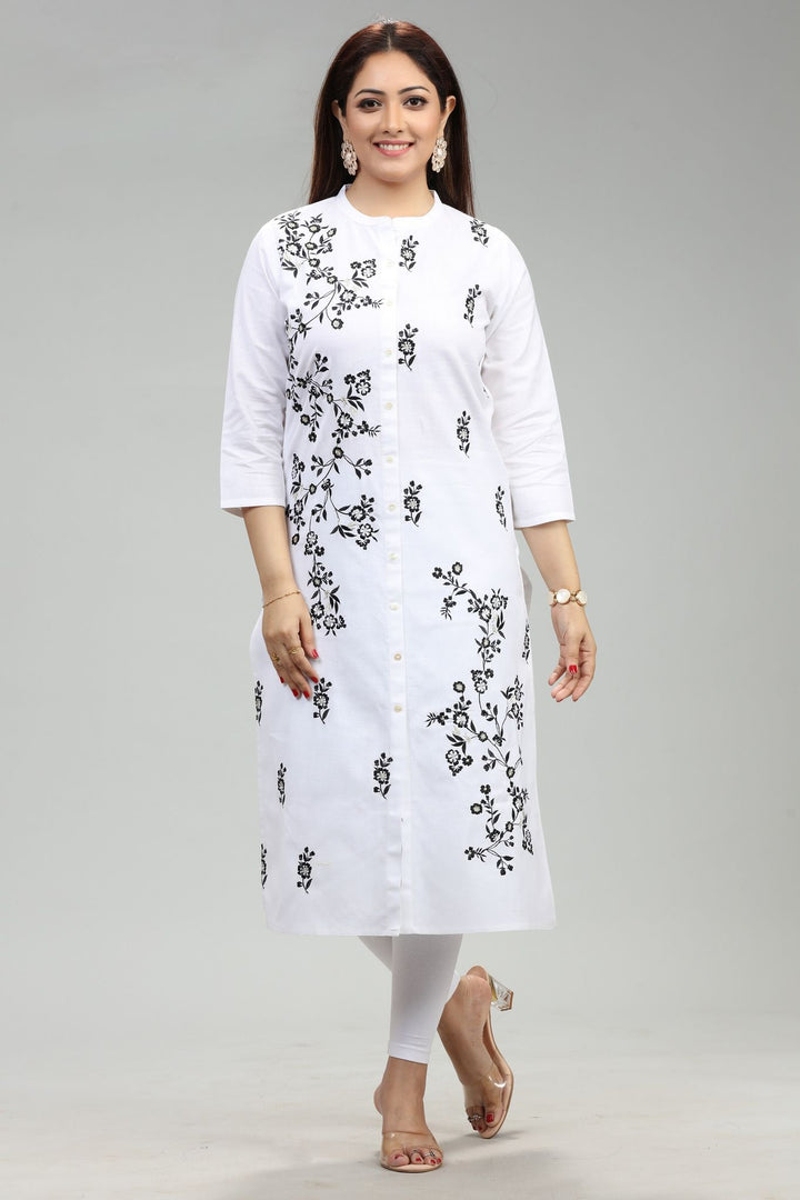 White Cotton Straight Embroidered Kurta