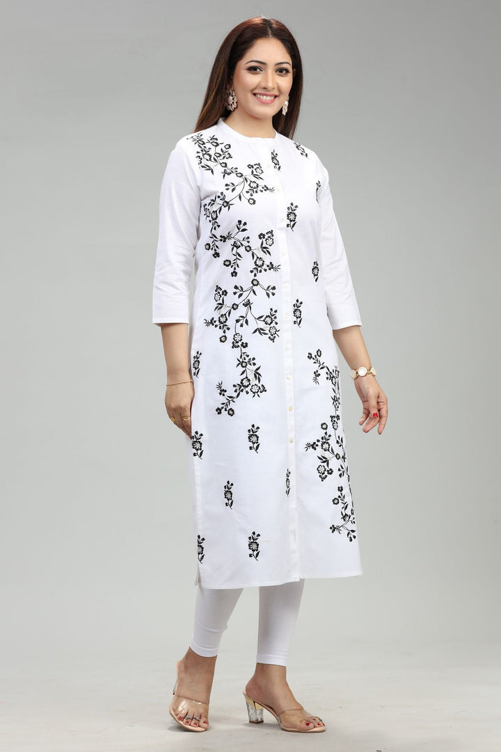 White Cotton Straight Embroidered Kurta