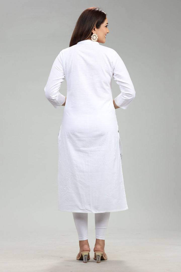 White Cotton Straight Embroidered Kurta