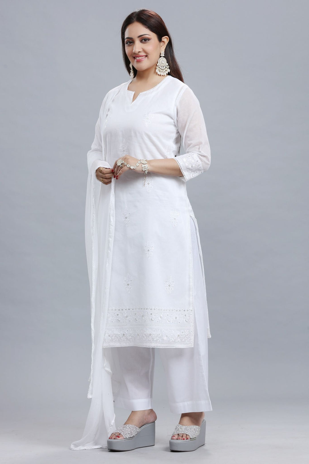 White Round Neck Organdy Kurta Pant Suit Set