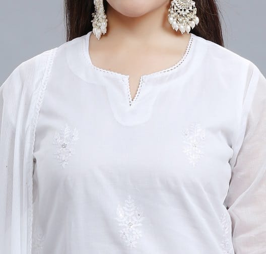 White Round Neck Organdy Kurta Pant Suit Set