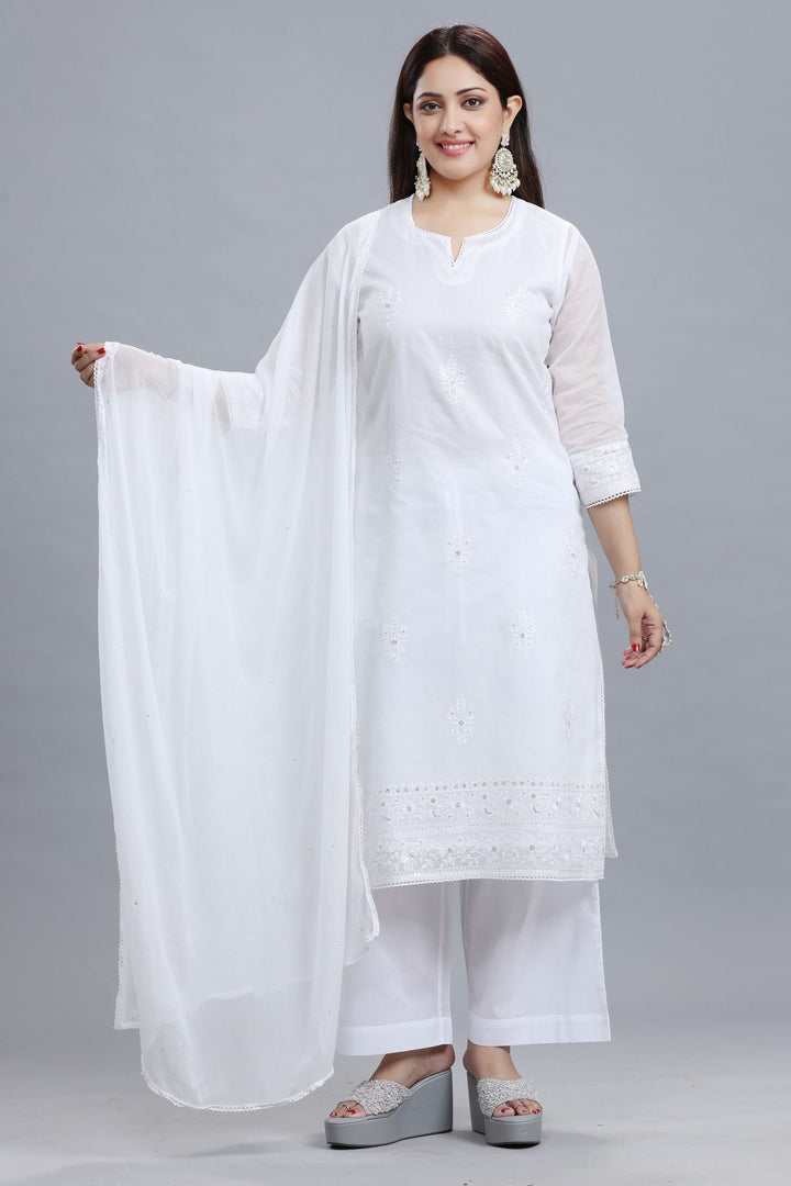 White Round Neck Organdy Kurta Pant Suit Set