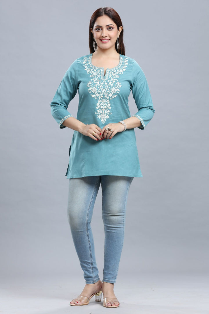 Turquoise Cotton Straight Embroidered Short Kurta