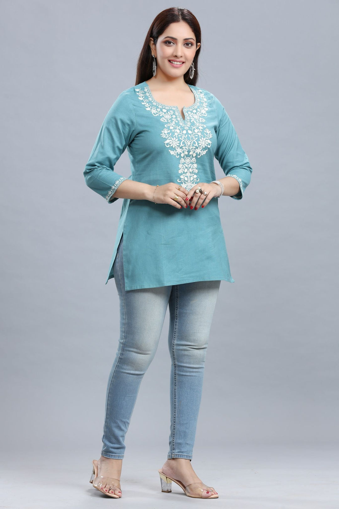 Turquoise Cotton Straight Embroidered Short Kurta