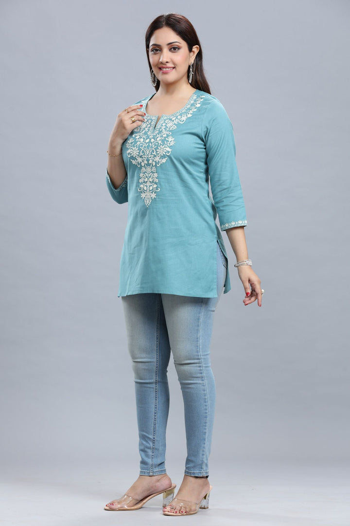 Turquoise Cotton Straight Embroidered Short Kurta