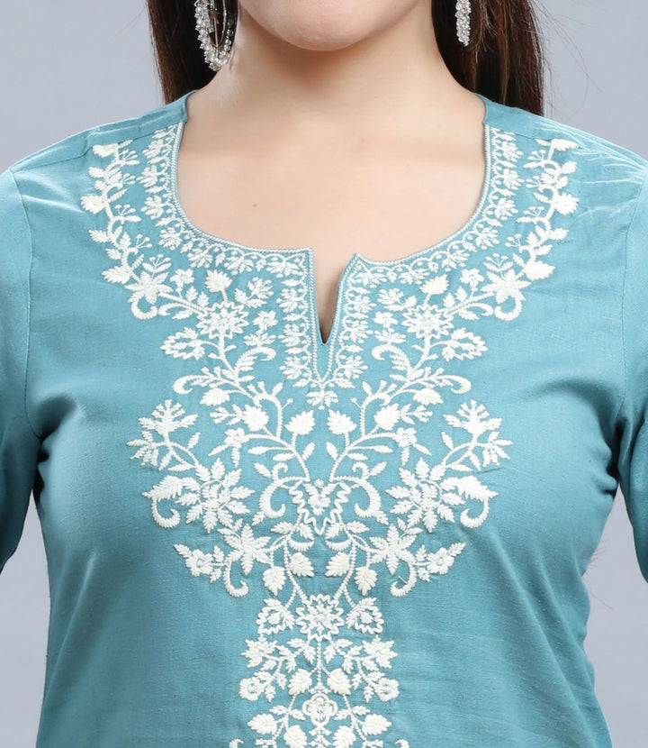 Turquoise Cotton Straight Embroidered Short Kurta