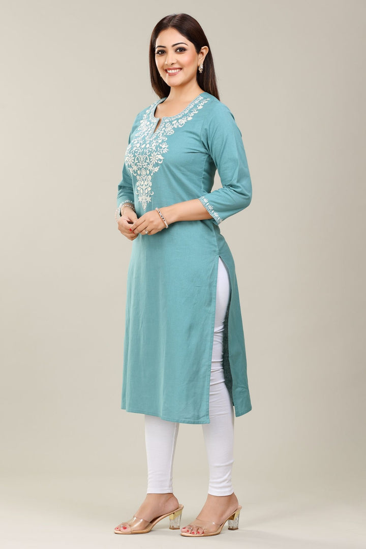 Turquoise Cotton Straight Embroidered Kurta