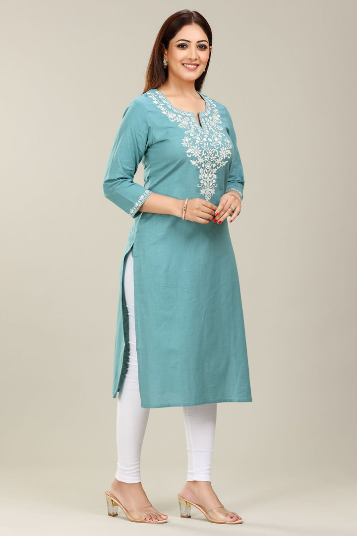 Turquoise Cotton Straight Embroidered Kurta