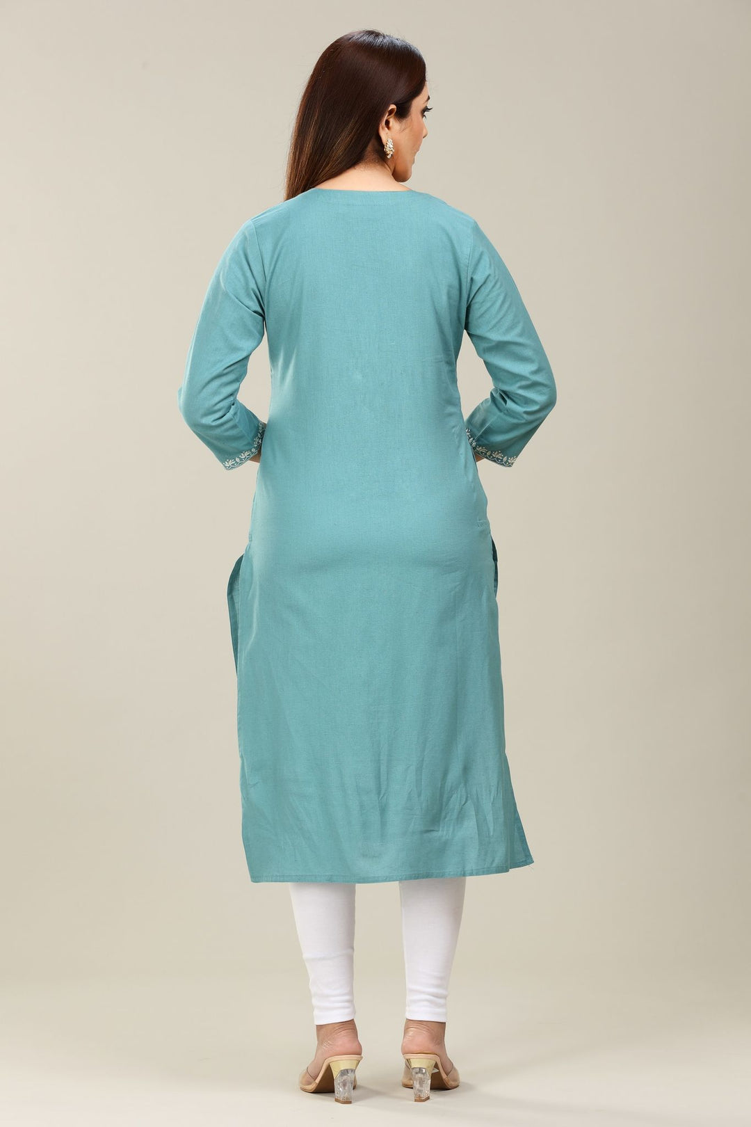 Turquoise Cotton Straight Embroidered Kurta