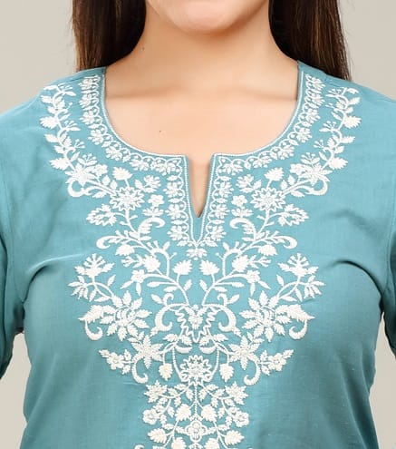 Turquoise Cotton Straight Embroidered Kurta