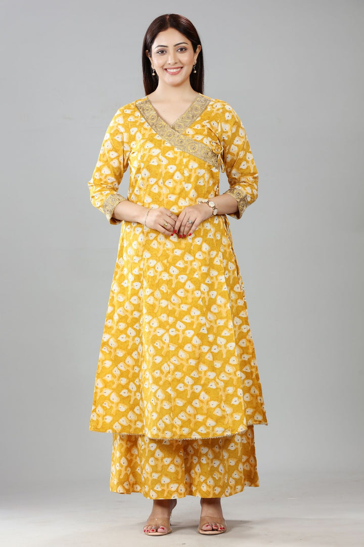 Mustard Cotton A Line Printed Kurta Pant Co ord Set