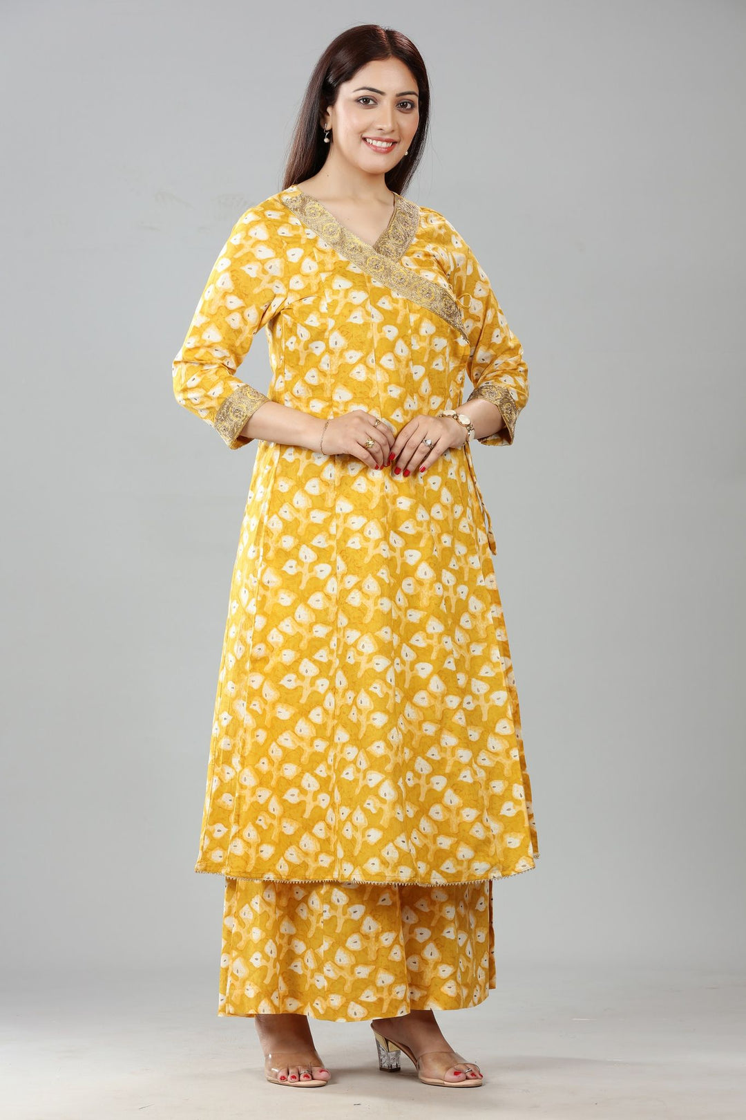 Mustard Cotton A Line Printed Kurta Pant Co ord Set