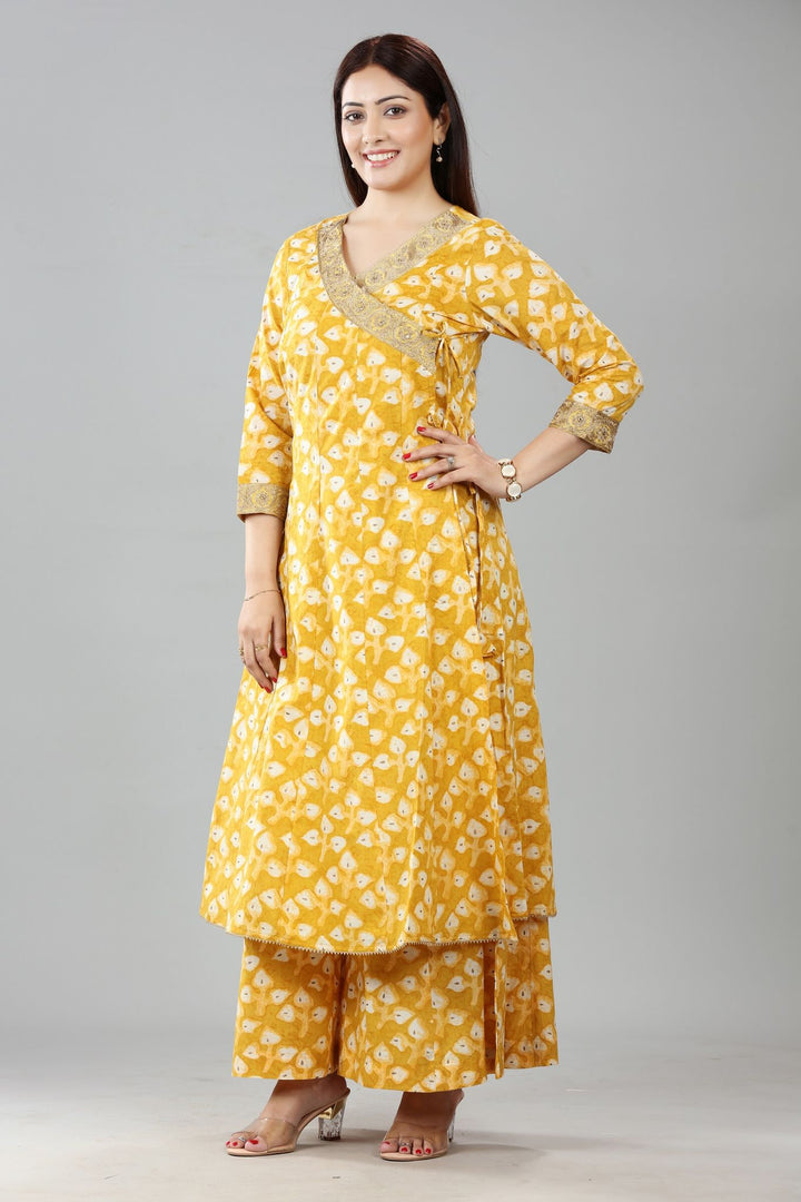 Mustard Cotton A Line Printed Kurta Pant Co ord Set