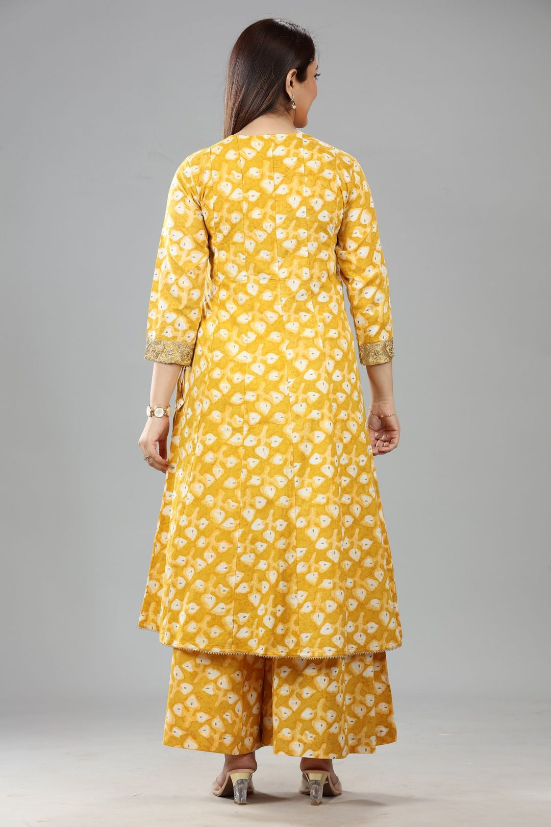 Mustard Cotton A Line Printed Kurta Pant Co ord Set