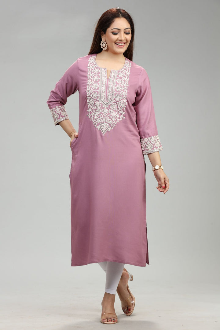 Light Purple Rayon Straight Embroidered Kurta