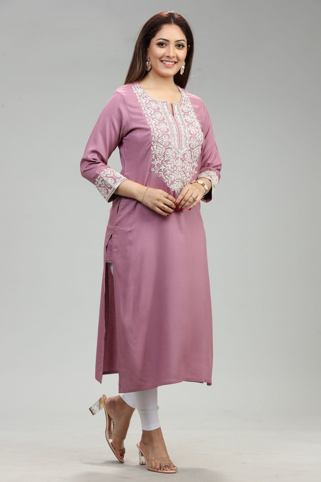 Light Purple Rayon Straight Embroidered Kurta