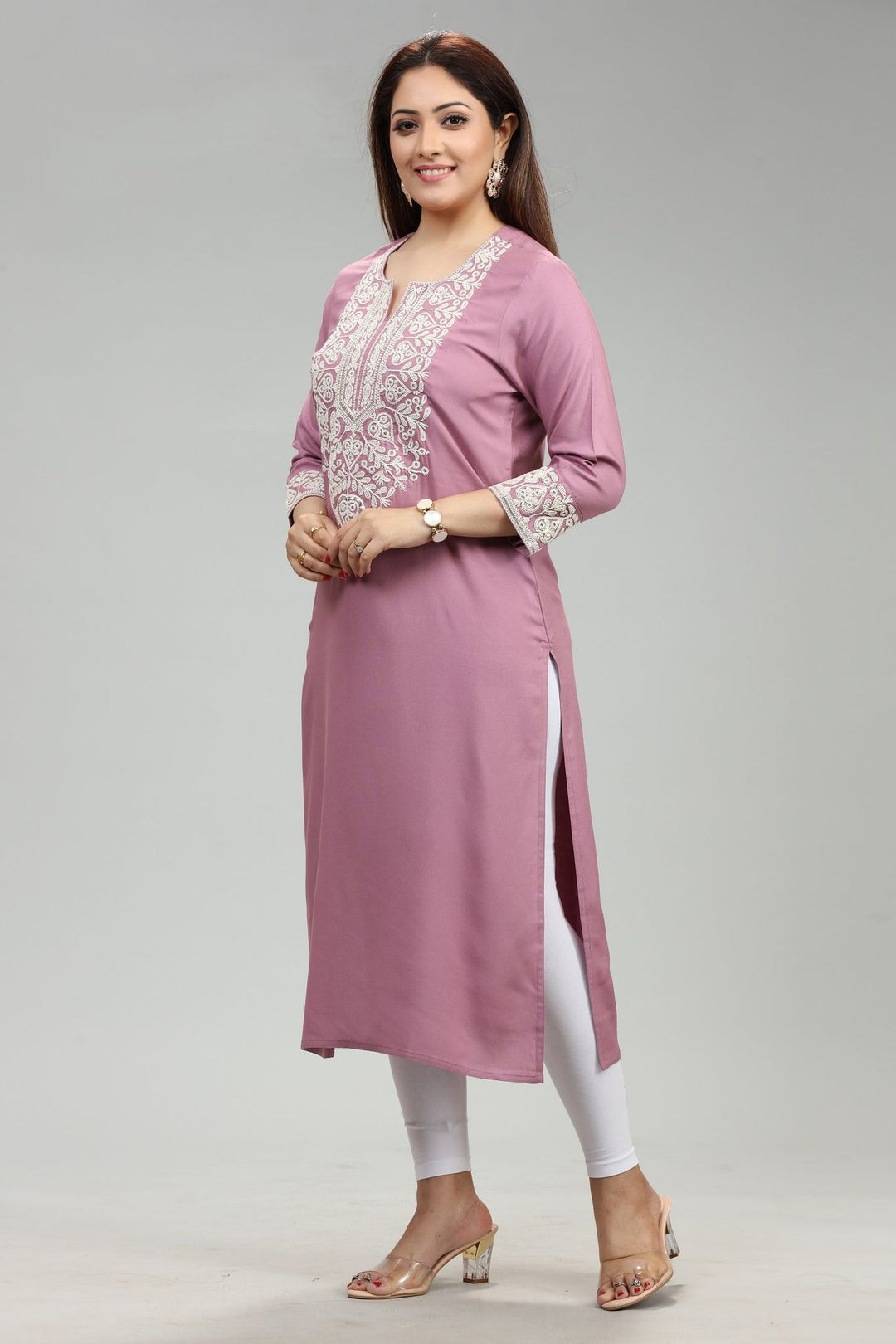 Light Purple Rayon Straight Embroidered Kurta