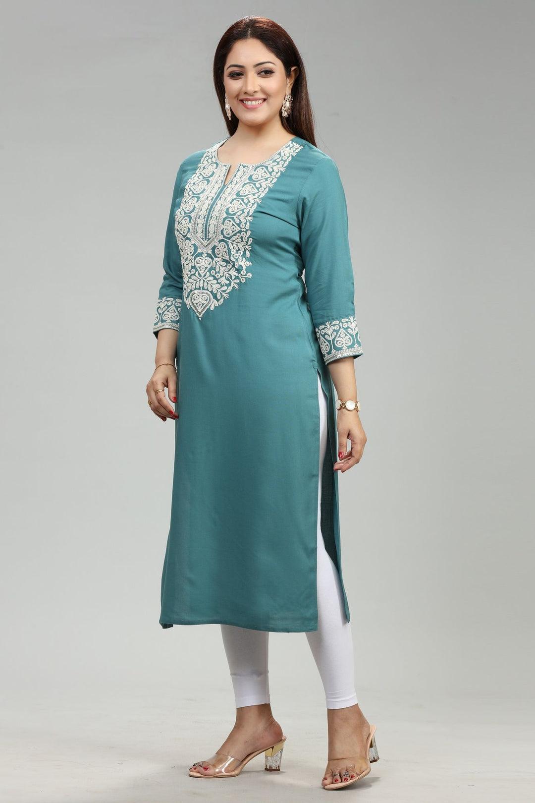 Turquoise Blue Rayon Straight Embroidered Kurta