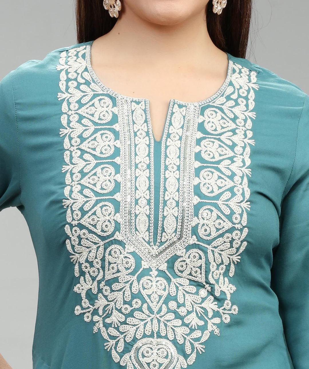 Turquoise Blue Rayon Straight Embroidered Kurta