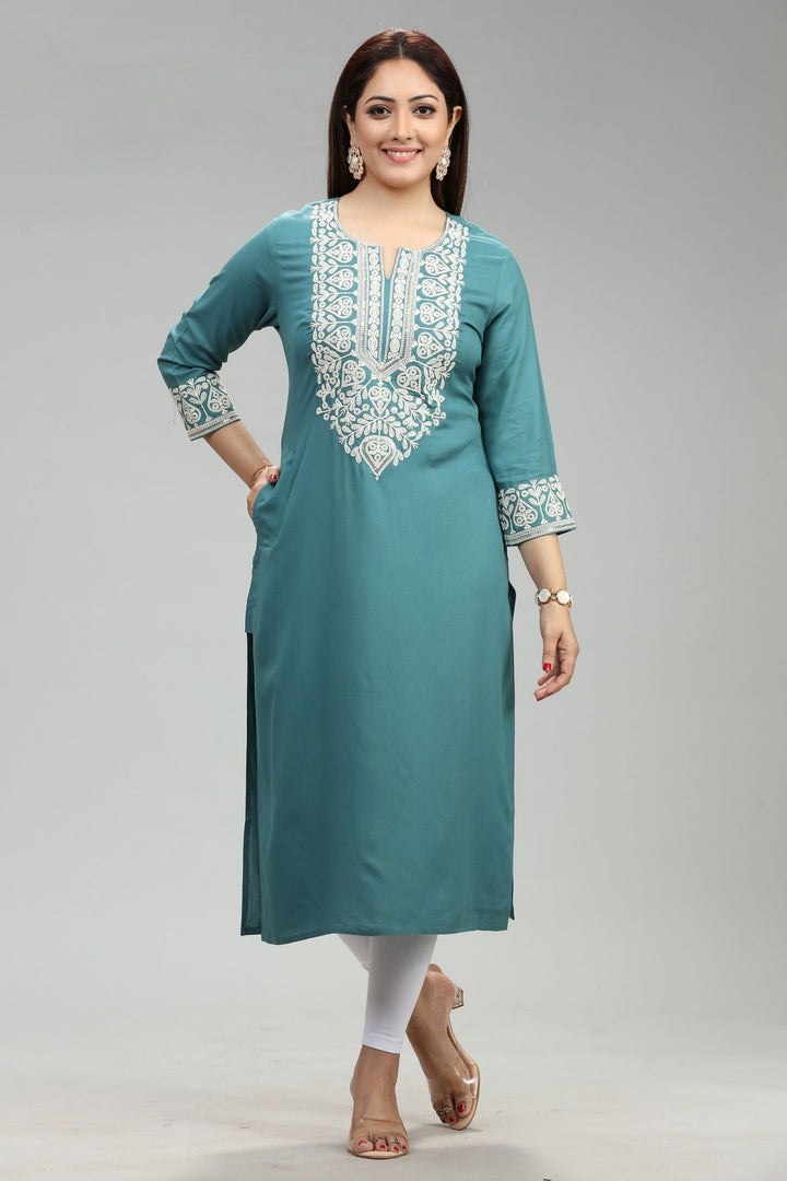 Turquoise Blue Rayon Straight Embroidered Kurta