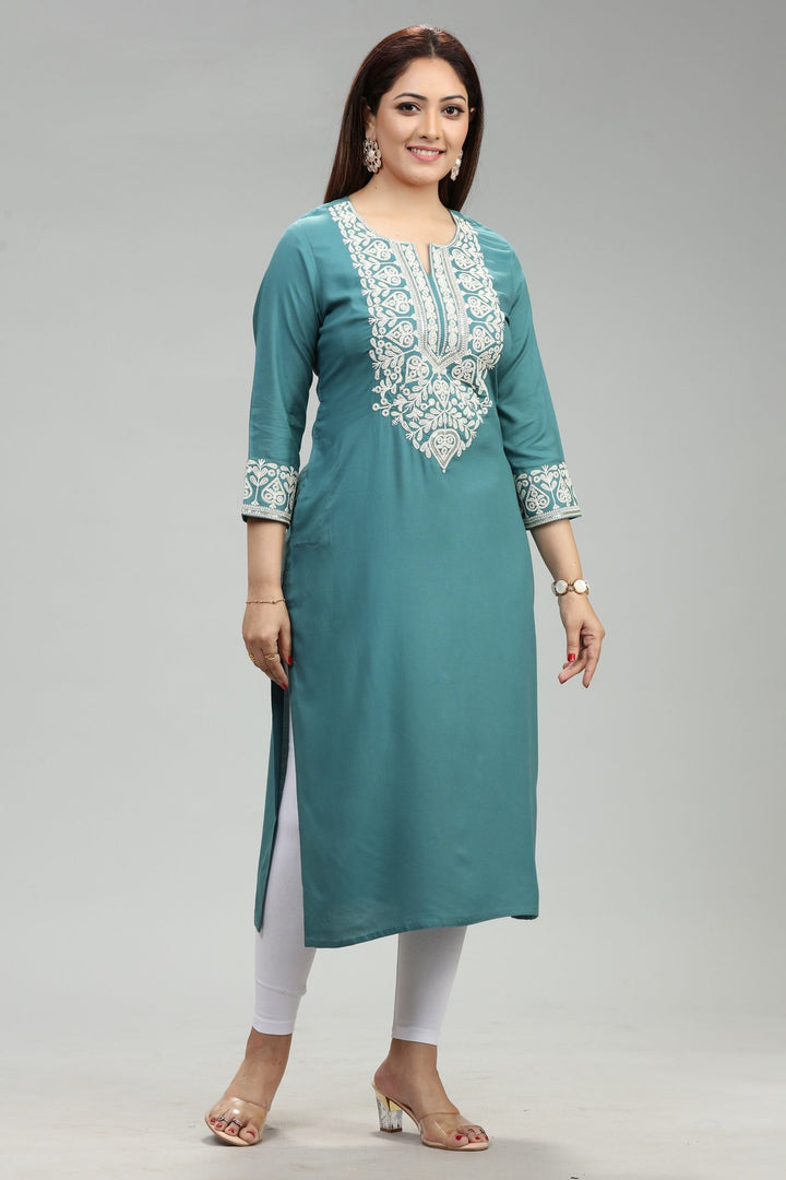 Turquoise Blue Rayon Straight Embroidered Kurta