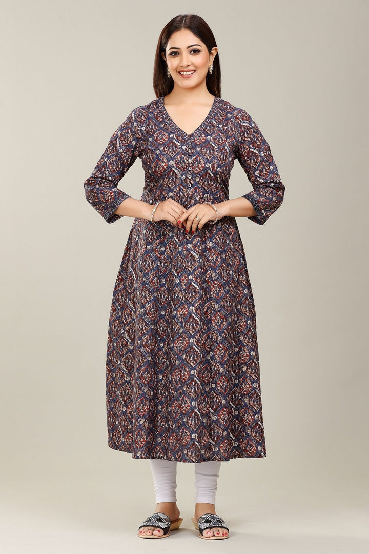 Navy Blue Jaipuri Cotton A Line Printed Kurta