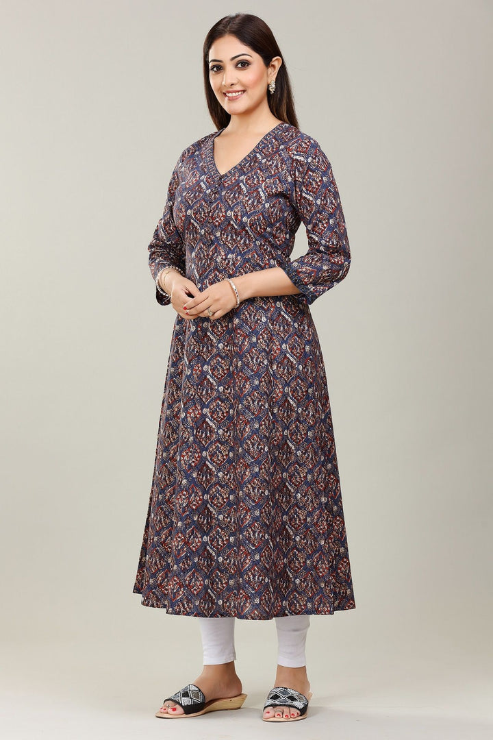 Navy Blue Jaipuri Cotton A Line Printed Kurta