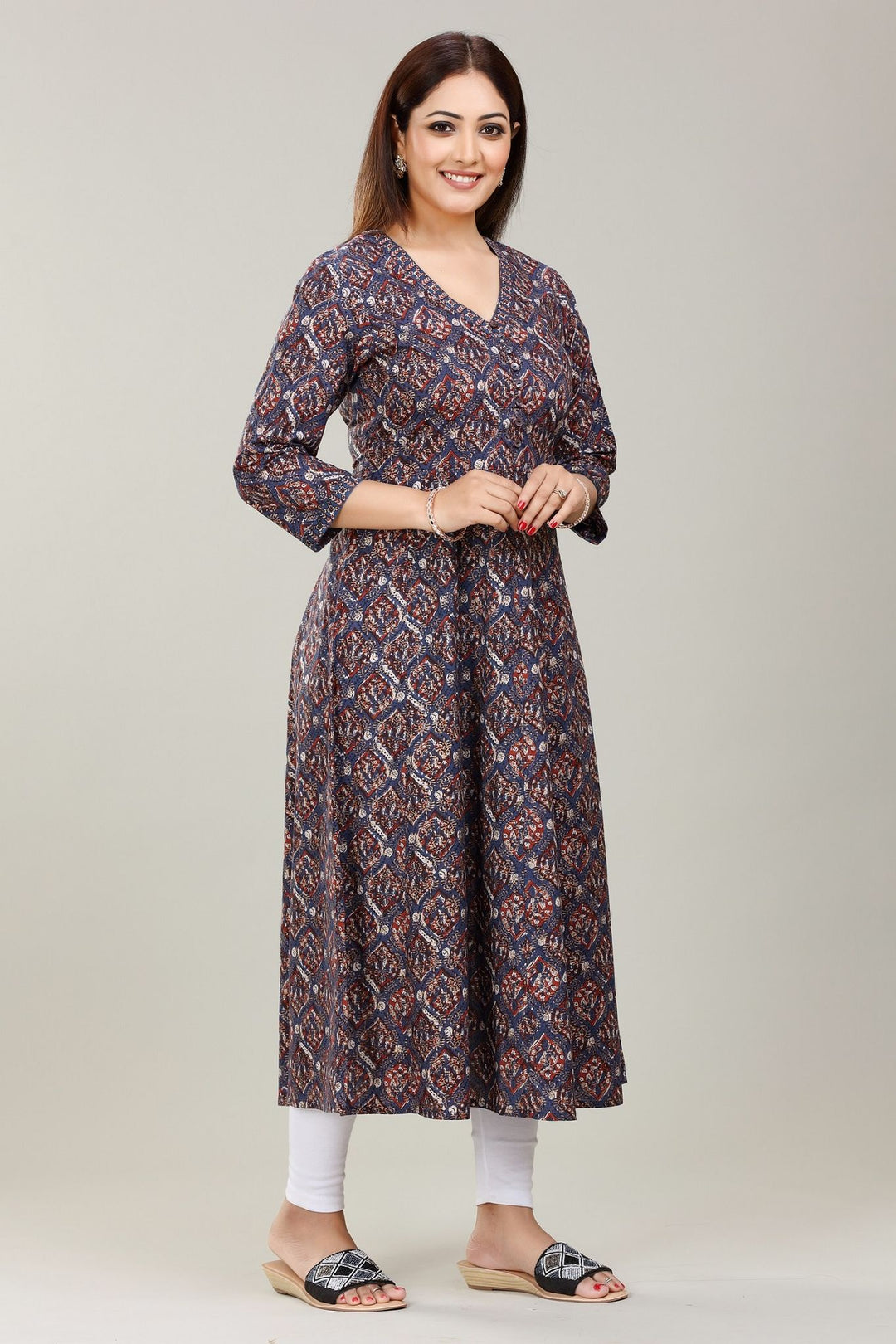 Navy Blue Jaipuri Cotton A Line Printed Kurta