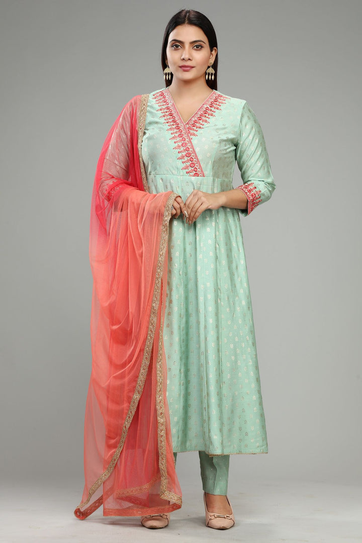 Pista Green Cotton Silk Embroidered Kurta Pant Suit Set