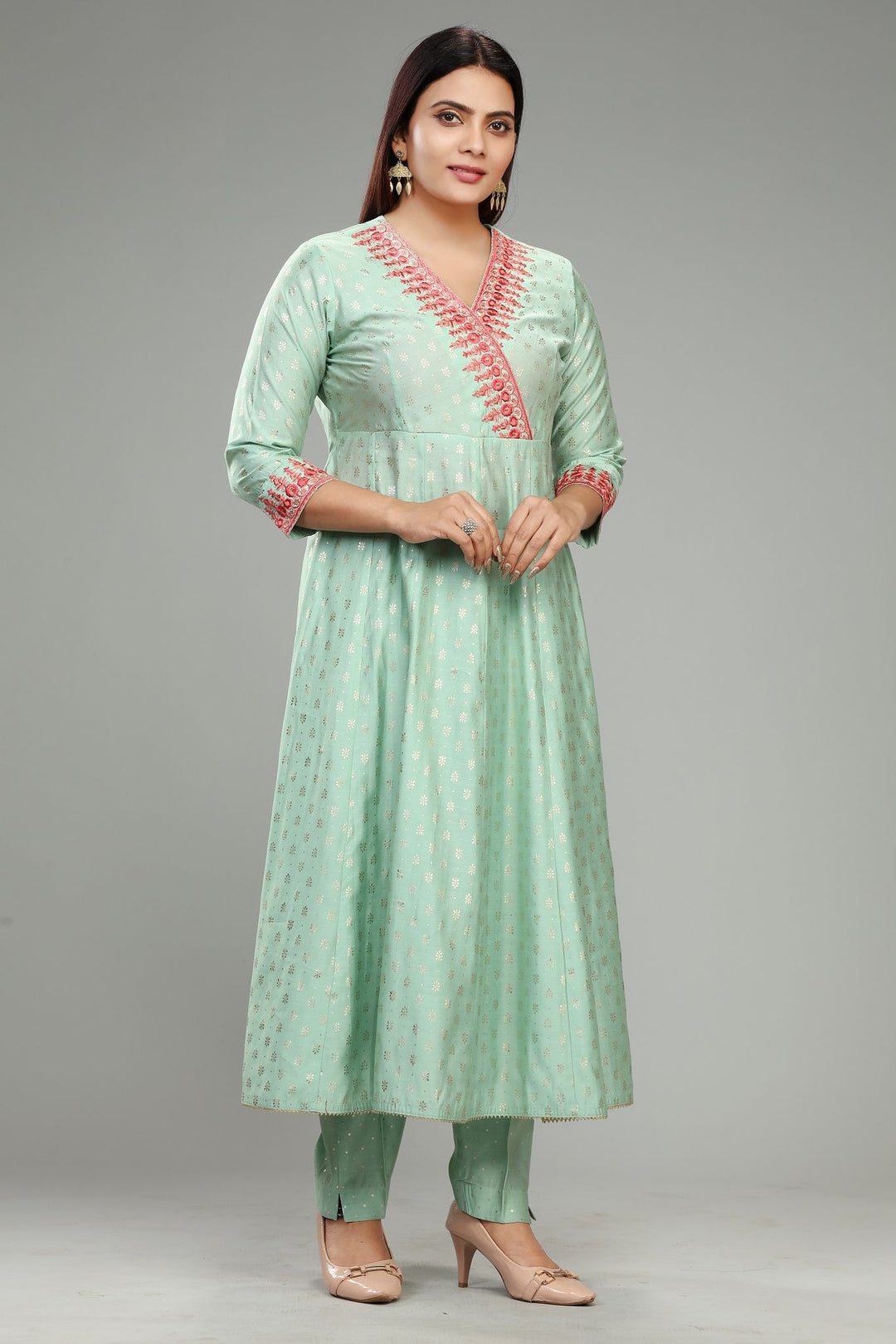 Pista Green Cotton Silk Embroidered Kurta Pant Suit Set