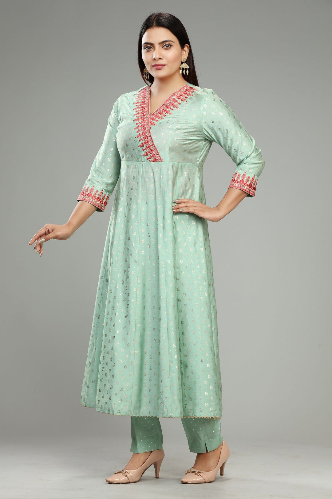 Pista Green Cotton Silk Embroidered Kurta Pant Suit Set