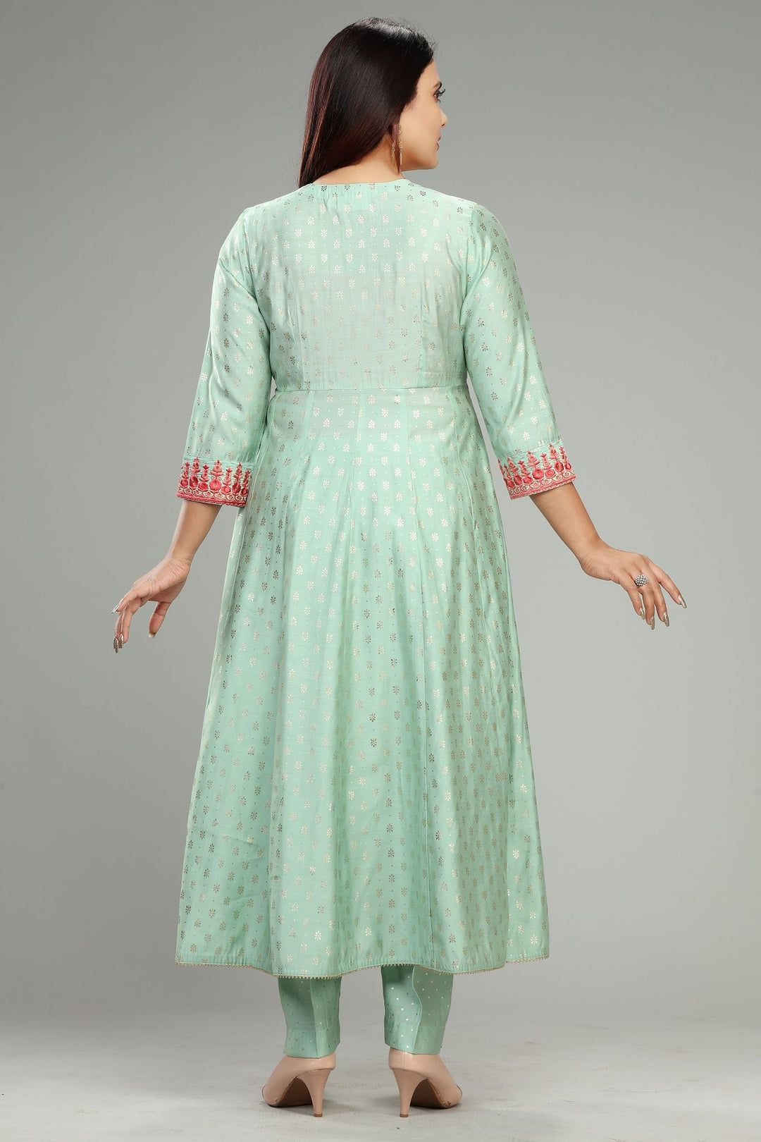 Pista Green Cotton Silk Embroidered Kurta Pant Suit Set