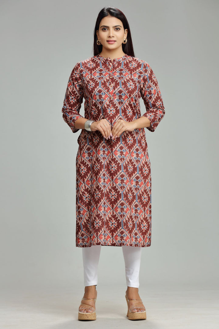 Maroon Jaipuri Cotton Straight Printed Kurti