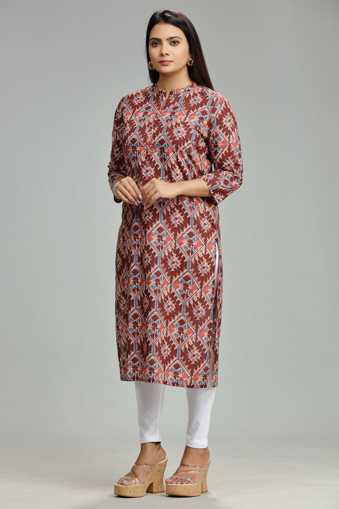 Maroon Jaipuri Cotton Straight Printed Kurti