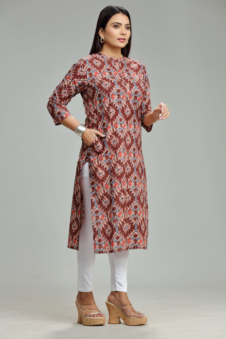 Maroon Jaipuri Cotton Straight Printed Kurti