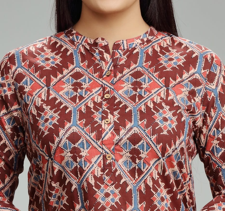 Maroon Jaipuri Cotton Straight Printed Kurti