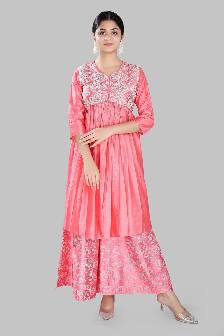 Peach Soft Silk Embroidered Kurta Palazzo Suit Set