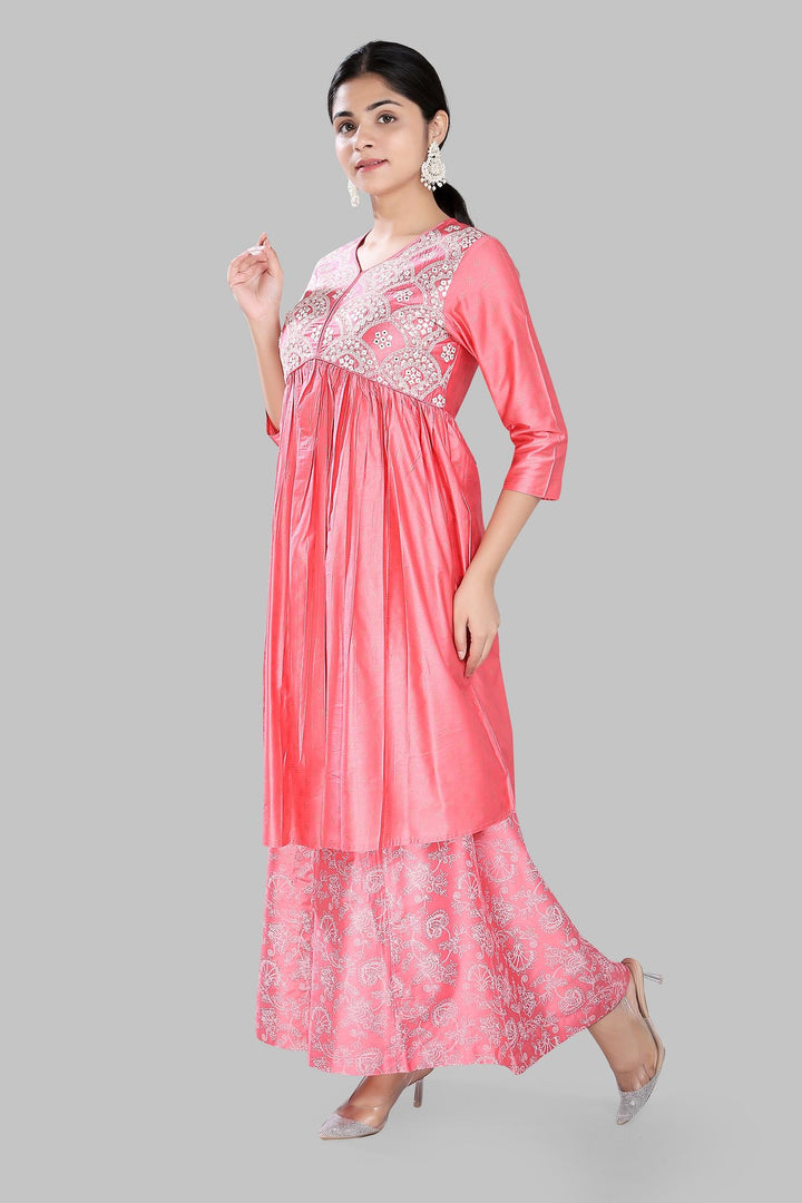 Peach Soft Silk Embroidered Kurta Palazzo Suit Set