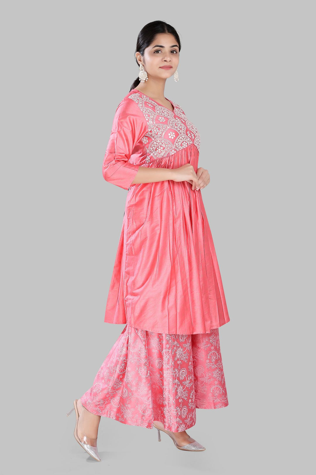 Peach Soft Silk Embroidered Kurta Palazzo Suit Set