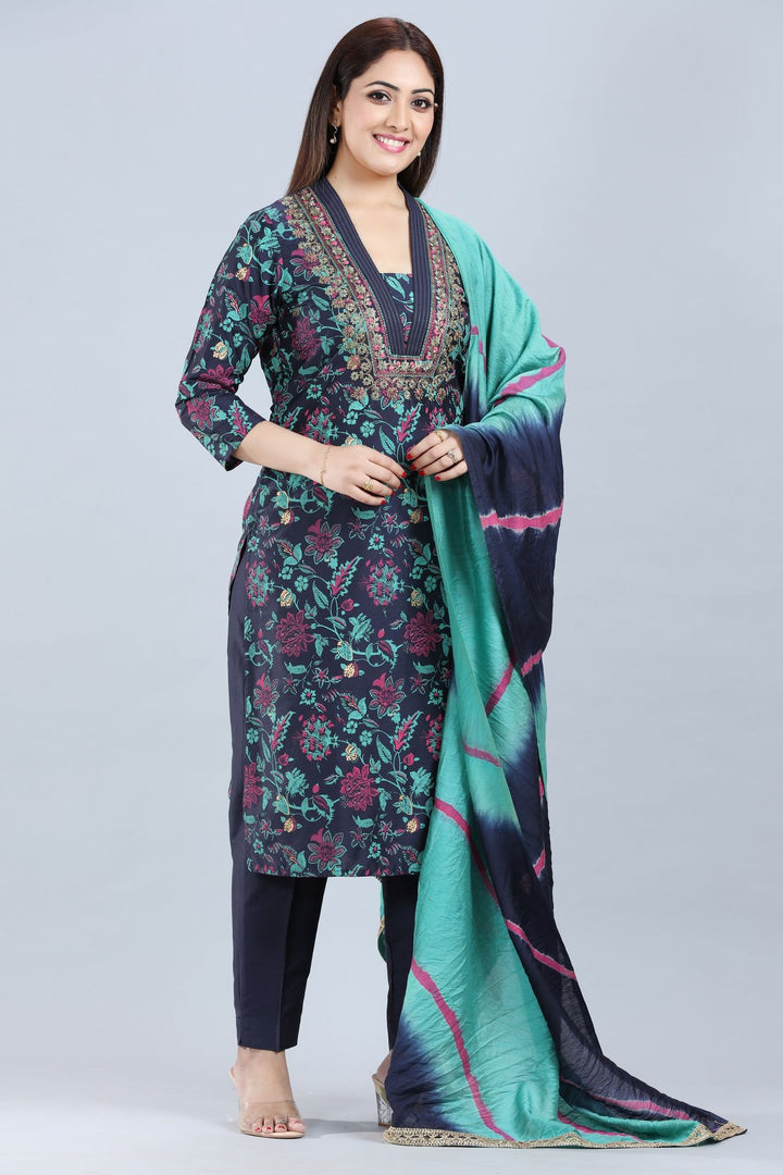 Nabha Navy Blue Cotton Embroidered Suit Set