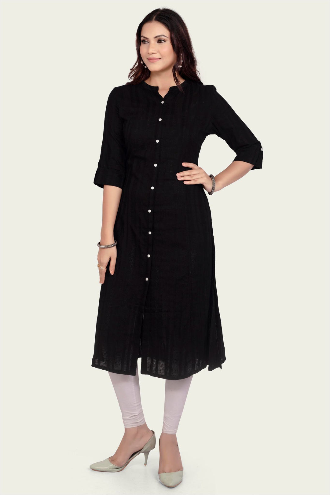 Black Cotton A Line Solid Kurta