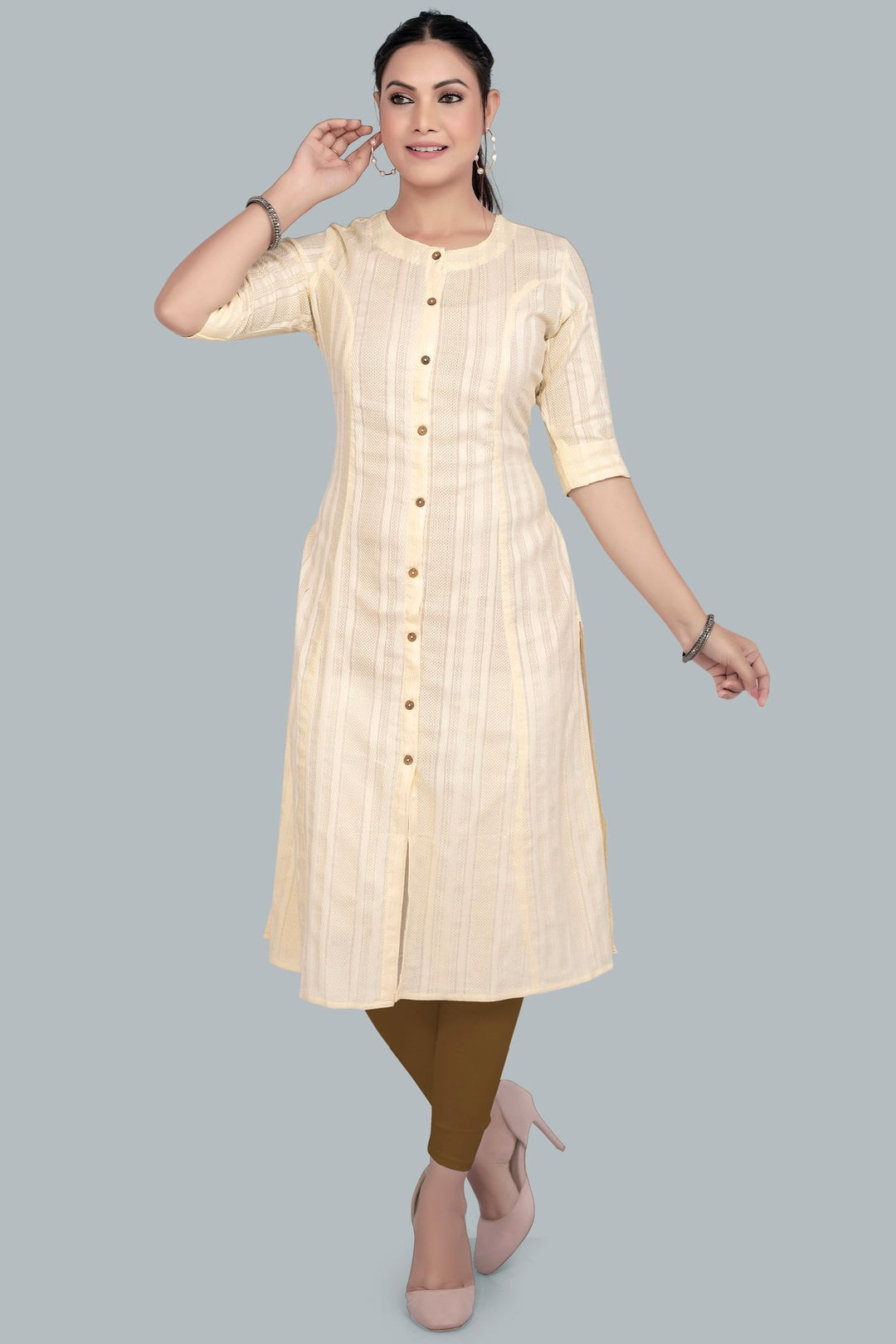 Cream Cotton A Line Kurta